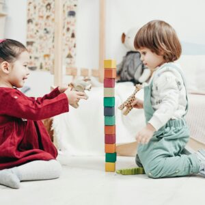 Two young children enjoying playtime with wooden blocks in a cozy indoor setting, fostering creativity and fun.